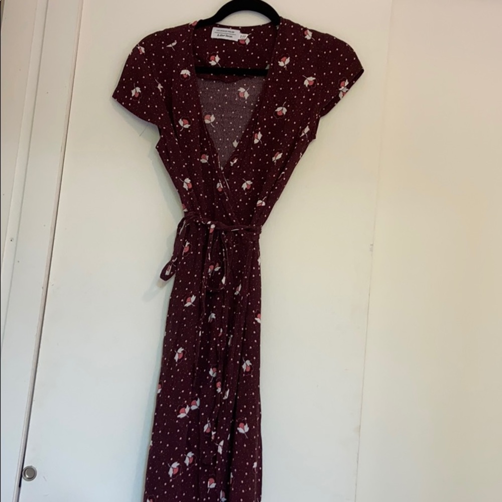 Purple floral wrap midi dress